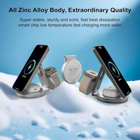 2025 Upgraded Qi2 Foldable Rotatable Zinc Alloy 3 in 1 Magnetic Wireless Charging Station, Compatible with Apple iPhone 12~16,Smartwatch,AirPods.30W Adapter & Case Included(Black) in Saudi Arabia