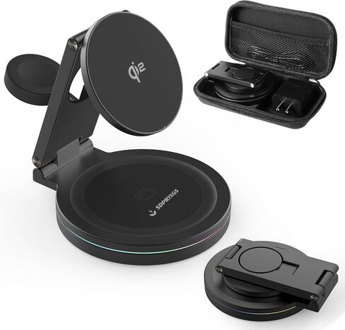 2025 Upgraded Qi2 Foldable Rotatable Zinc Alloy 3 in 1 Magnetic Wireless Charging Station, Compatible with Apple iPhone 12~16,Smartwatch,AirPods.30W Adapter & Case Included(Black) in Saudi Arabia