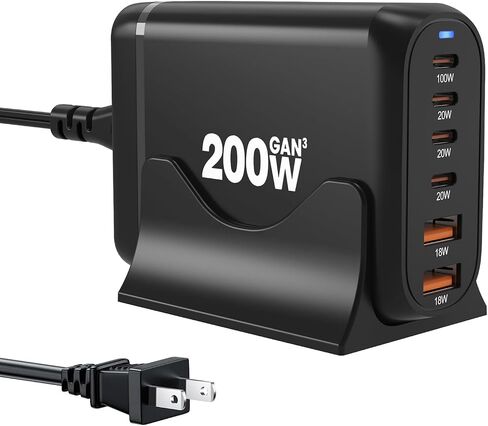200W USB C Charger, Marnana USB C Charger Block, GaN III 6-Port Charging Station Hub, PD 100W Laptop Charger Adapter Compatible with MacBook Pro/Air iPhone Samsung and Android Devices in Kuwait