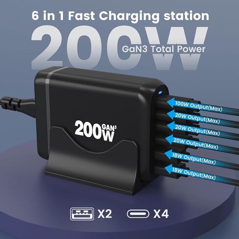 200W USB C Charger, Marnana USB C Charger Block, GaN III 6-Port Charging Station Hub, PD 100W Laptop Charger Adapter Compatible with MacBook Pro/Air iPhone Samsung and Android Devices in Kuwait