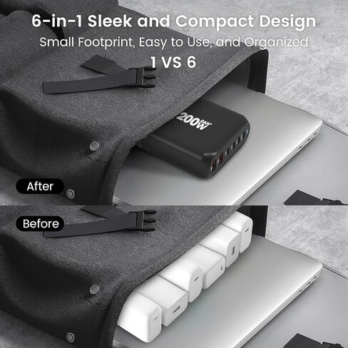 200W USB C Charger, Marnana USB C Charger Block, GaN III 6-Port Charging Station Hub, PD 100W Laptop Charger Adapter Compatible with MacBook Pro/Air iPhone Samsung and Android Devices in Kuwait
