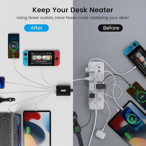 200W USB C Charger, Marnana USB C Charger Block, GaN III 6-Port Charging Station Hub, PD 100W Laptop Charger Adapter Compatible with MacBook Pro/Air iPhone Samsung and Android Devices in Kuwait