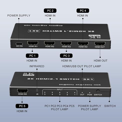 8K@60Hz HDMI Switch 5 in 1 Out Aluminum Support 4K@120Hz HDR + HDCP 2.3 CEC HDMI 2.1 Switcher Splitter with Power Adapter Compatible with PS5/4/3 Xbox Nintendo Switch Fire Stick,Blu-Ray Player in Saudi Arabia