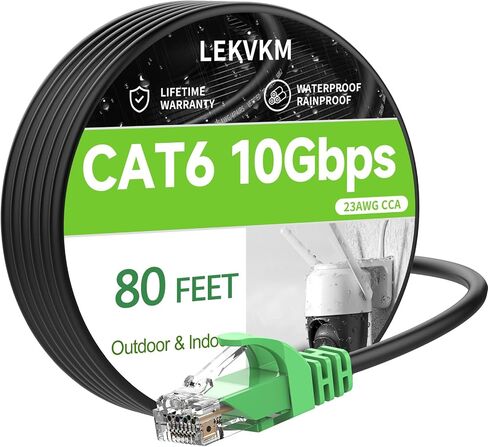 CAT 6 Ethernet Cable 80 FT HIVE 23AWG RJ45 كابل الإنترنت للدعم الخارجي والداخلي CAT6 Network Solid Black Computer LAN للكمبيوتر الشخصي ， 80feet in Kuwait