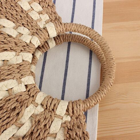 YYW Straw Bags for Women,Hand-woven Straw Large Bag Round Handle Ring Tote Retro Summer Beach Rattan bag in Kuwait