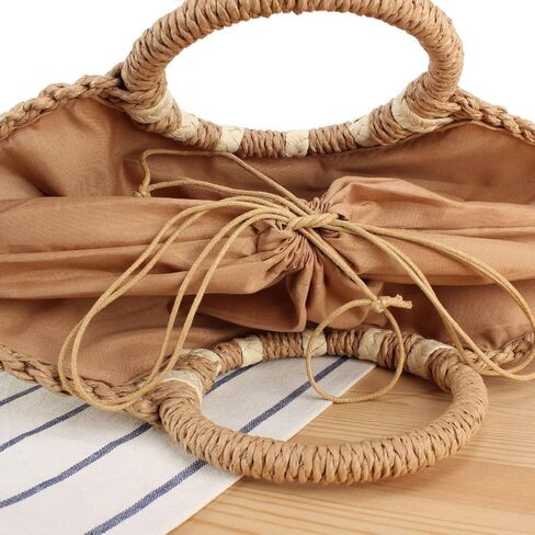 YYW Straw Bags for Women,Hand-woven Straw Large Bag Round Handle Ring Tote Retro Summer Beach Rattan bag in Kuwait