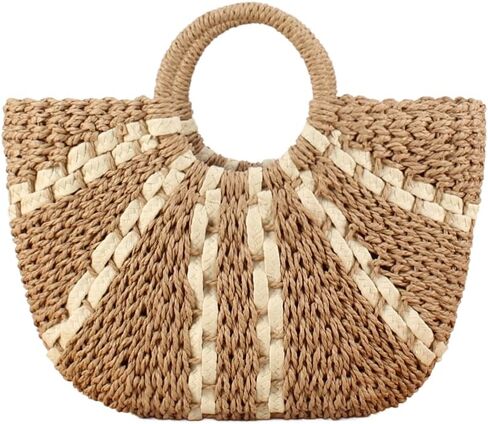 YYW Straw Bags for Women,Hand-woven Straw Large Bag Round Handle Ring Tote Retro Summer Beach Rattan bag in Kuwait