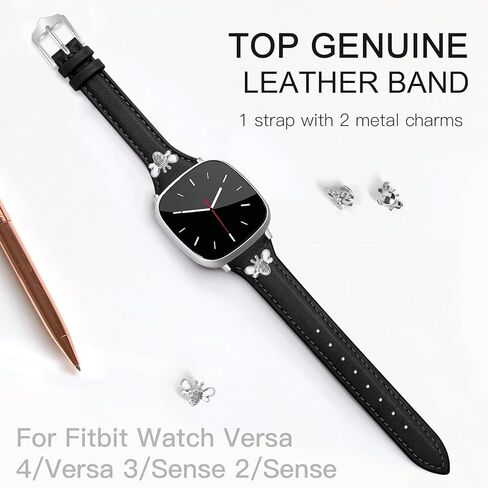 JR.DM Slim Leather Bands Compatible with Fitbit Versa 4/Versa 3/Sense 2/Sense Band, Top Genuine Soft Leather Band with Charms, Feminine Designer Strap for Fitbit Smartwatch in Kuwait