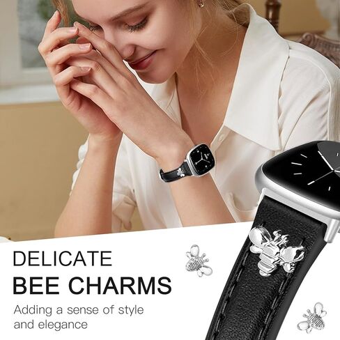 JR.DM Slim Leather Bands Compatible with Fitbit Versa 4/Versa 3/Sense 2/Sense Band, Top Genuine Soft Leather Band with Charms, Feminine Designer Strap for Fitbit Smartwatch in Kuwait