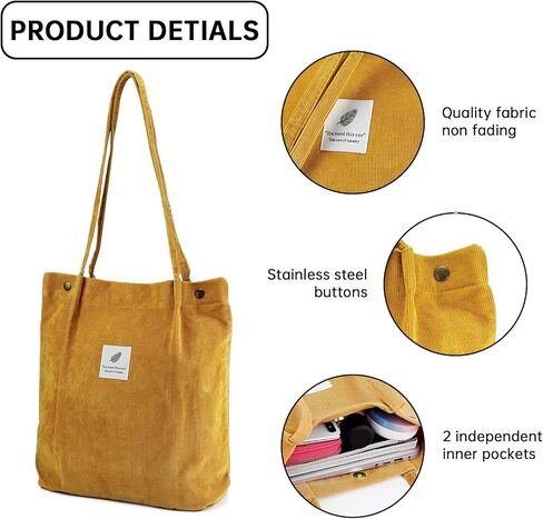 حقيبة حمل قماشية للنساء، حقيبة حمل مبطنة ذات سعة كبيرة مع جيوب داخلية، أنيقة ومتينة، قابلة لإعادة الاستخدام in Kuwait