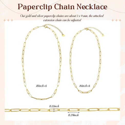Misdary 12 Pcs Paperclip Chain Necklace Silver Gold Paperclip Charm Necklace for Women, 16 Inch and 18 Inch 3 x 9 mm Chains for Jewelry Making with Adjustable Link Chains in Saudi Arabia