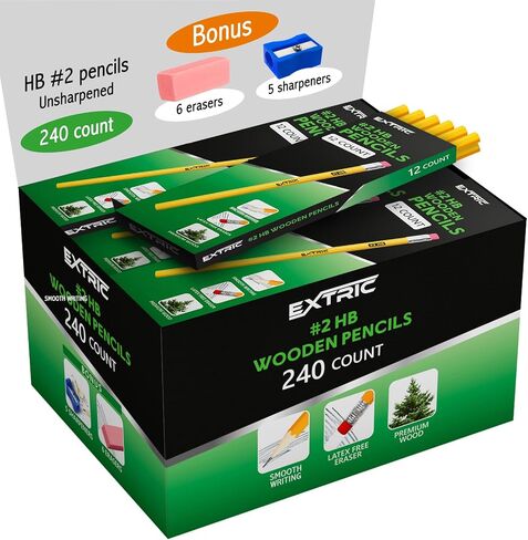 EXTRIC Wood-cased HB #2 Pencils, Pre-Sharpened, 20 Packs of 12-Count yellow Pencils, Bulk Pack 240 Count, for Classroom, Teacher Supplies in Kuwait