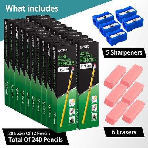 EXTRIC Wood-cased HB #2 Pencils, Pre-Sharpened, 20 Packs of 12-Count yellow Pencils, Bulk Pack 240 Count, for Classroom, Teacher Supplies in Kuwait