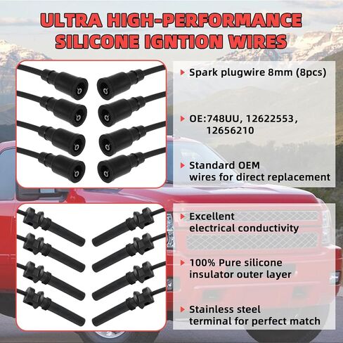 Set of 8 UF413 Square Ignition Coil with M8-48322R 8mm Spark Plug Wires Set & 41-962 Platinum Spark Plugs Compatible with Chevy Silverado, Cadillac Escalade, Buick, GMC 4.8L 5.3L 6.0L 6.2L in Saudi Arabia