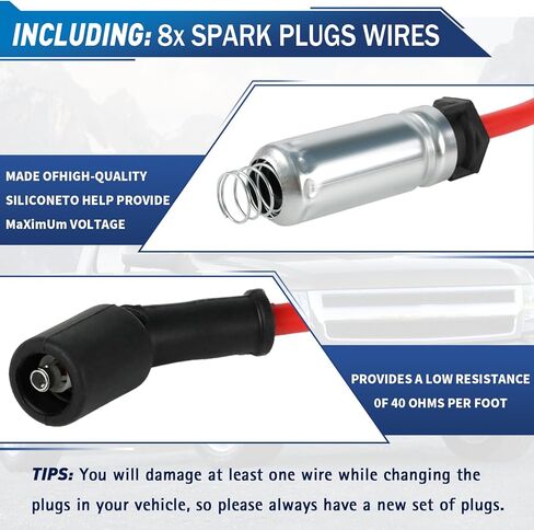 Set of 8 UF413 Square Ignition Coil with M8-48322R 8mm Spark Plug Wires Set & 41-962 Platinum Spark Plugs Compatible with Chevy Silverado, Cadillac Escalade, Buick, GMC 4.8L 5.3L 6.0L 6.2L in Kuwait