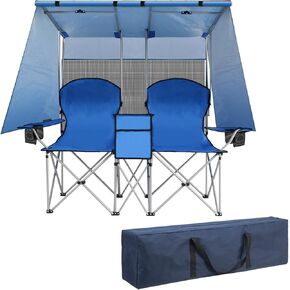 ptlsy Double Camping Chair with Canopy, Folding Two-Person Seat, Portable Outdoor Loveseat with Shade, Portable Chairs for Beach, Lawn, and Outdoor Activities (White)