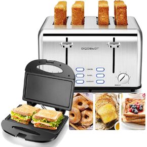 Aigostar Sandwich Maker with Non-stick Deep Grid Surface & Toaster 4 Slice, Aigostar Extra Wide Slot Toaster with 6 Shade Settings