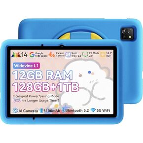 Blackview Kids Tablet,10 inch,12GB+128GB (TF 2TB),Gift for Kids,Tablet for Kids 8-12,5G WiFi,Widevine L1,Parent Control,Kids Space for Toddler,Android 14, Tab A6Kids with case