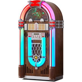 ARKROCKET Saturn V Jukebox Vinyl Record Player • USB • SD • AUX • AM/FM Radio • MP3 • CD-Player • Rainbow LED Light Up • 50s Classic Style • Full Size Floor Standing Retro Style - Dark Oak