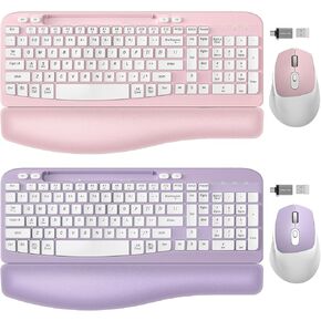 2 Pack Wireless Keyboard and Mouse Combo, EAYBLLY Wave Keys Wireless Ergonomic Keyboard with Cushioned Wrist Rest, Phone Holder, 2.4GHz Silent Cordless Keyboard Mouse Set