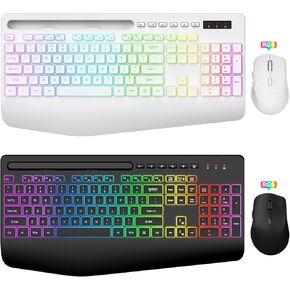 SABLUTE Wireless Keyboard and Mouse Combo, 9 Backlit Effects, Wrist Rest, Phone Holder, 2.4G Lag-Free Ergonomic Keyboards, Rechargeable Silent Cordless Set for Computer, Laptop (White & Black)