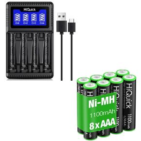 HiQuick Rechargeable AAA Batteries 8 Counts with 4 Bay USB Smart Battery Charger Bundle