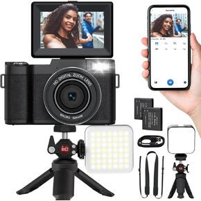 5K Digital Camera with WiFi 64MP Autofocus Full HD Vlogging Camera for YouTube Point and Shoot Camera with Flip Screen Photography Cameras for Beginners with Selfie Light, Mini Tripod, Batteries