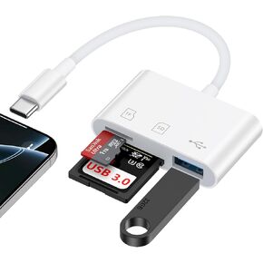 USB C SD Card Reader Adapter for iPhone 16 Pro Max Plus/16e/16 Plus/15/iPad,3 in 1 USB-C Memory Trail Digital Camera Card Adapter with SD/Micro SD Card &USB Port for Samsung Galaxy S25 Ultra,Pixel 9a