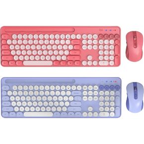Pink and Purple Retro Typewriter Keyboard and Mouse Combo with Phone/Tablet Holder, Cute Colorful Keyboard for Computer/Laptop/Windows/Mac by SABLUTE