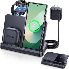 LK Wireless Charger for Samsung Charging Station Foldable Watch Charger for Galaxy Watch Ultra 7 6 Classic 5/4/3, Z Flip Fold 6/5/Galaxy S25 Ultra/S24/S23/S22/S21/Note20, Galaxy Buds3 Pro