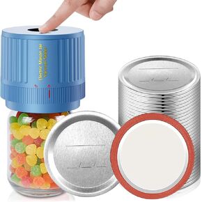 Electric Mason Jar Vacuum Sealer Kit Blue & Mason Jar Lids and Rings 48Pcs/24 Sets for Wide Mouth