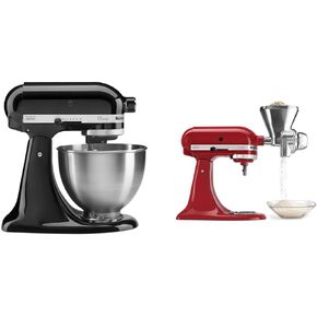 KitchenAid Classic Series 4.5 Quart Tilt-Head Stand Mixer K45SS, Onyx Black & KGM All Metal Grain Mill Attachment