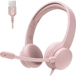 Pink Headset with Mic USB Headset with Microphone for PC Wired Computer Headset On-Ear for Online Class Home Office
