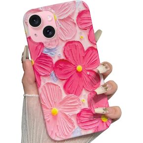 for iPhone 15 Plus Case Flowers Women Girly Aesthetic Sparkle Translucent Cute Floral With Phone Strap Charms Wristlet Oil Painting Shockproof Protective Phone Cases for iPhone 15 Plus Hot Pink