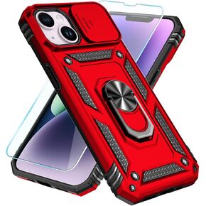 SunStory iPhone 13/14 Case with HD Screen Protector & Slide Camera Cover & Rotatable Ring Kickstand, Military-Grade Protection, Red