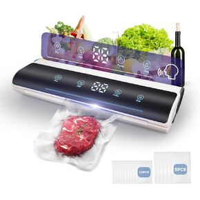 2024 Updated Vacuum Sealer Machine, Digital Display and Voice Prompts, Touchscreens Dry & Moist Modes, Vacuum Sealer Machine, with 15 Sealing Bags & Air Suction Hose (White)