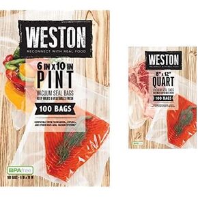 Weston 8-by-12-Inch Vacuum-Sealer Food Bags, 100 Count (30-0101-W) & Weston 6-by-10-Inch Vacuum-Sealer Food Bags, 100 Count (30-0106-W)