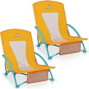 Low Beach Chairs 2 Pack,Folding Compact Low Seat Chairs for Adults w/Mesh Back,Cup Holder & Storage Bag,Heavy Duty Chair for Outdoor Sand,Travel,Camping,Picnic,Blue