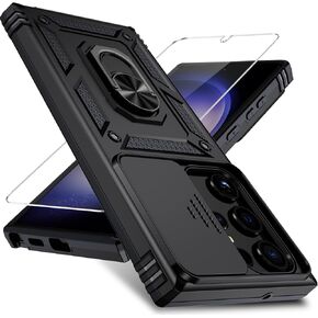 Weycolor for Samsung Galaxy S25 Plus Case with Camera Lens Cover, HD Screen Protector, 10 FT Military Grade Drop Protection, Magnetic Ring Holder Kickstand Protective Phone Case, Black