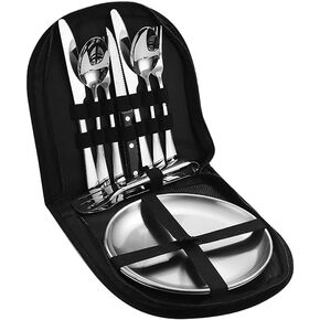 Outdoor Camping Silverware Set Flatware Organizer Cutlery Picnic Set Stainless Steel Includes Forks, Spoons, Knives, Chopsticks, Food Holders, Plates - Portable Flatware Bags