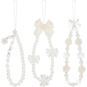 3Pcs Phone Charms Strap, Beaded Pearl Phone Wrist Straps for Women Cute Flower Bow Phones Bracelet Lanyard for Camera Keychain Wallet Pendant Decor