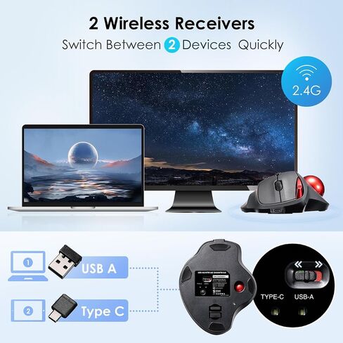 SANWA 2.4G Wireless Trackball Mouse, Optical Ergonomic Rollerball Mice, Programmable Silent Buttons, USB-A & Type-C Receiver, Thumb Control, 4 DPI, Rechargeable Compatible for PC, Mac, Windows, Laptop in Kuwait