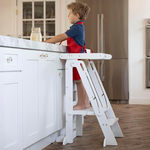 Little Partners Learning Tower Foldable Toddler Tower - Learn 'N Fold Toddler Kitchen Stool for Kids 2 to 6, Folding Toddler Tower (Grey w/Natural) in Saudi Arabia