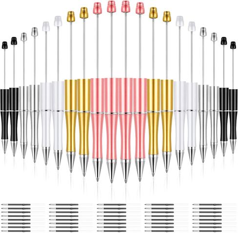 20 Pcs Beadable Pens,plastic Bead Pen Bulk Colored,black Ink Beaded Pens Extra Refills for Make Gifts for Children and Students, Office School Supplies(Black) in Saudi Arabia