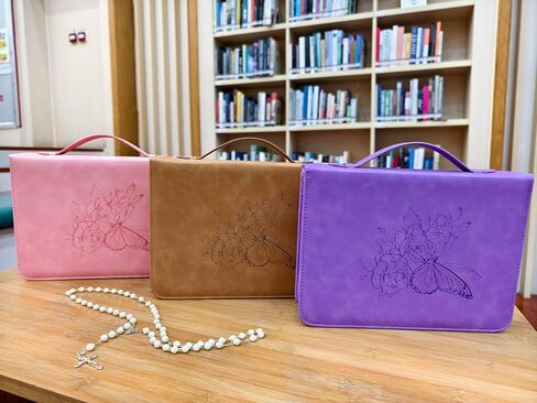 Large PU Leather Bible Cover Bible Carrying Case with Handle&Zippered Debossed Butterfly Rose Floral Bible Cover Case for Women(Pink) in Saudi Arabia