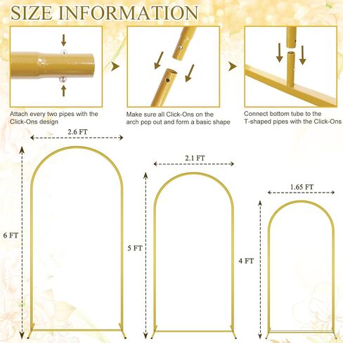 FOTSHARER Gold Arch Backdrop Stand Set - 3 Metal Arch Stands (6FT, 6.6FT, 7.2FT) for Wedding Arches, Balloon Arches, Party Decorations in Saudi Arabia