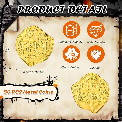 Hanaive 50 Pcs Metal Pirate Coins Spanish Doubloon Replicas Pirate Treasure Metal Tokens Fake Play Coins for Kids Board Games Pirate Party Cosplay (Gold, Silver, Bronze) in Saudi Arabia