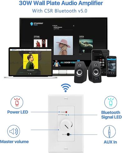 TNP Bluetooth Audio Audio Receiver Plate Mount مع إخراج مضخم الصوت - 120W BT 5.0 APTX Stereo Amplifier مع إدخال AUX 3.5 مم ، التحكم في مستوى الصوت - مضخم Bluetooth اللاسلكي لنظام الموسيقى ومكبر الصوت in Saudi Arabia