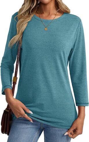 Womens 3/4 Length Sleeve Crew Neck Shirts Casual Tunic T-Shirts Basic Tee Trendy Fall Outfits Clothes in Kuwait