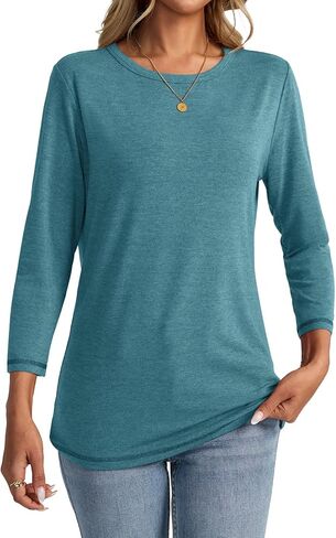 Womens 3/4 Length Sleeve Crew Neck Shirts Casual Tunic T-Shirts Basic Tee Trendy Fall Outfits Clothes in Kuwait